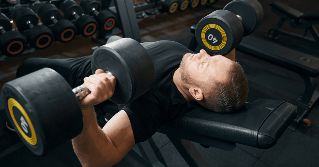 A person building their upper body with the dumbbell bench press exercise.