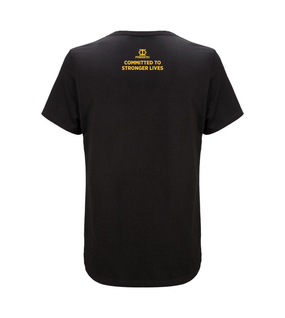 Powertec T-Shirt - Black - Distressed Wawa Aba Logo (back) | Powertec | Home Gym Equipment